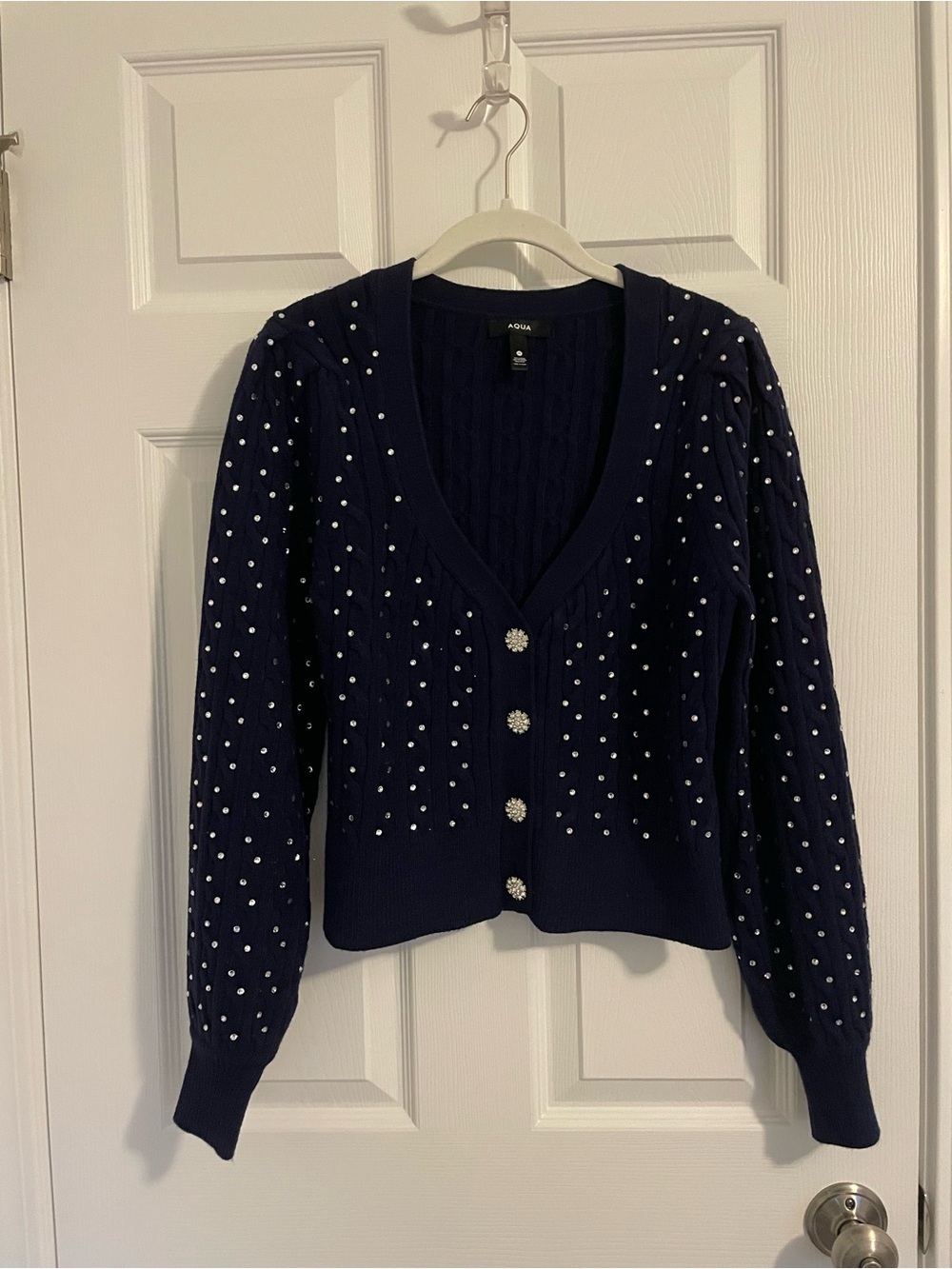 Aqua Navy Pearl-Embellished V-Neck Cardigan